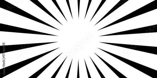 Sun ray light. Sun rays background. Radial burst. Sunburst black pattern isolated on white background. Beams line. Radiate sunlight. Comic effect texture. Retro pop art stripe. Vector illustration