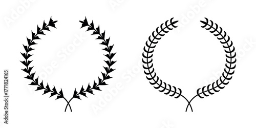 Set of circular laurel wreath. Emblem floral Greek branch of oak leaves, eucalyptus leaf, Wheat, winner award, champion medal, swirls, twigs and flower ornaments vector	