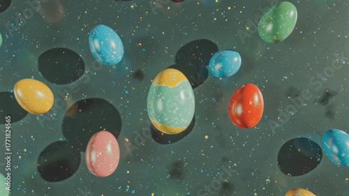Colorful Eggs Float Above a Dark Surface With Sparkles and Shadows During a Festive Celebration