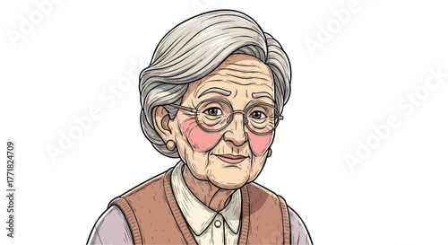 Smiling Elderly Woman Illustration Portrait of a Senior Citizen with Glasses and Kindness