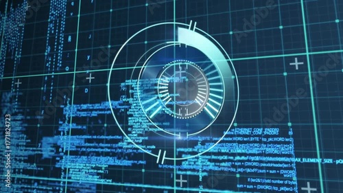 Upon activation, circular scanner rotating inner rings and pulsing bars completing data scan