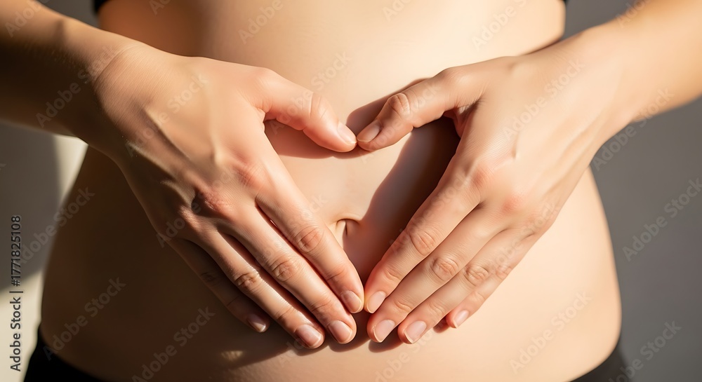 Naklejka premium Hands Forming Heart Shape on Bare Midsection in Natural Light