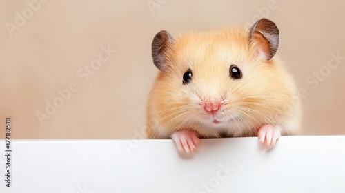 Cute golden hamster peeking over a white surface with soft background and adorable expression