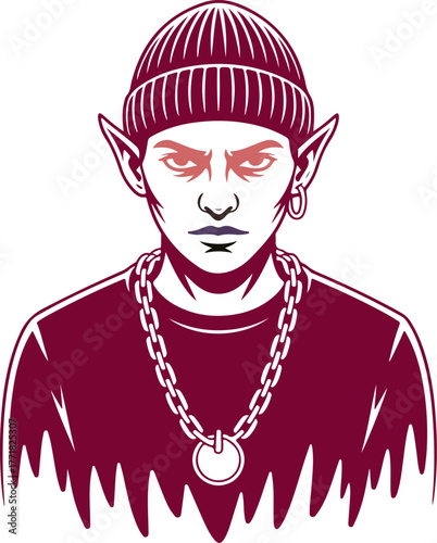 Fierce elf wearing beanie and chain jewelry piercing