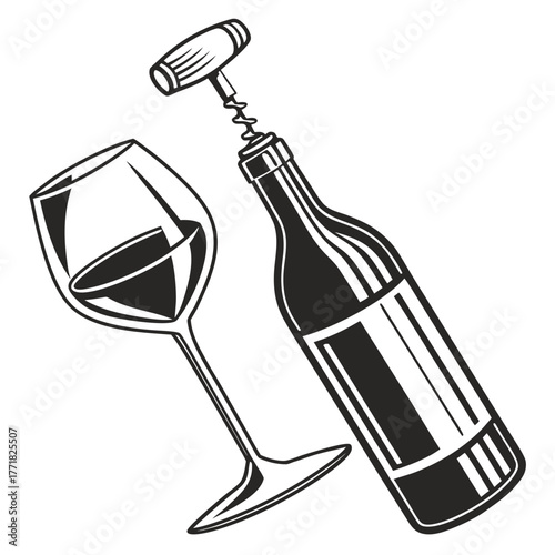 Wine Bottle With Corkscrew And Glass Of Red Wine vector illustration