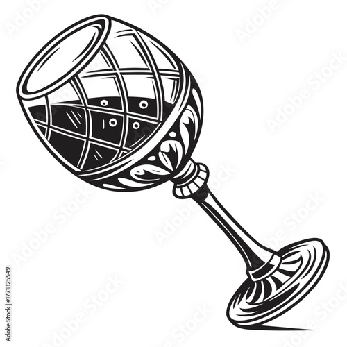 Ornate wine glass with grid pattern and liquid on white background Keywords: wine glass, goblet