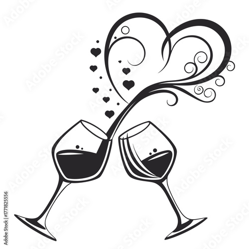 Two wine glasses toasting with heart shapes and swirls on white background Keywords: wine