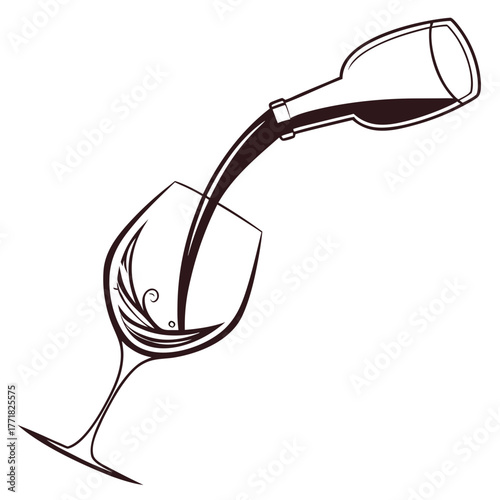 Wine pouring from bottle into elegant glass with swirls on white background Keywords: wine