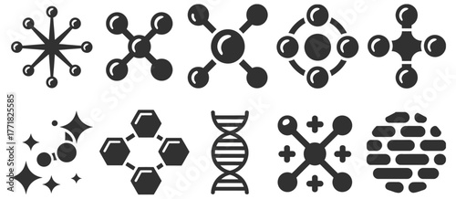 DNA Strands and Molecular Structure Vector Set – Black and White Minimal Silhouette Design for Scientific Research, Biotech Posters, and Infographics