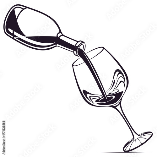 Black and White Drawing of Wine Pouring into Glass Keywords: wine, pouring, glass, bottle