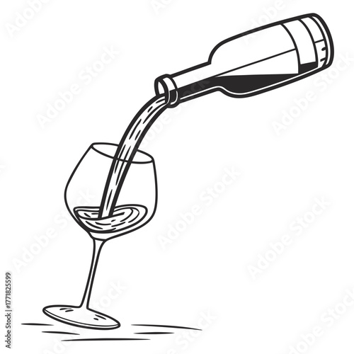 Black and White Illustration of Wine Bottle Pouring into Glass Keywords: wine, pouring, glass