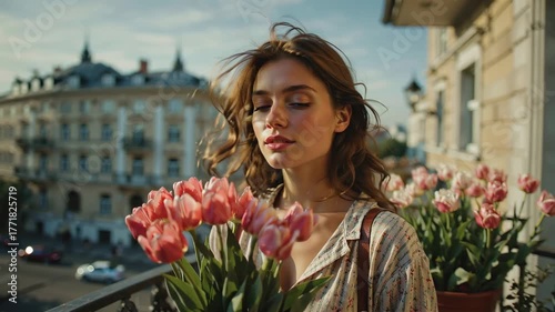 Woman Enjoys Flowers on Balcony Overlooking City During Sunset in Vibrant Outdoor Setting