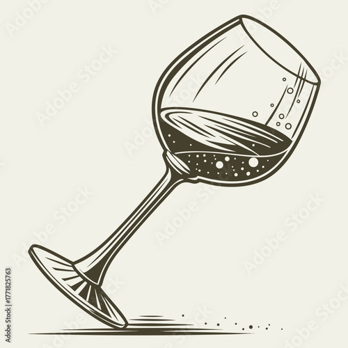 Stylized Vintage Wine Glass with Bubbles and Liquid beverage drink