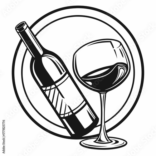Vintage Wine Bottle and Glass in a Circle Emblem wine glass beverage