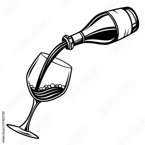Black And White Illustration Of Wine Being Poured From A Bottle Into A Glass pouring