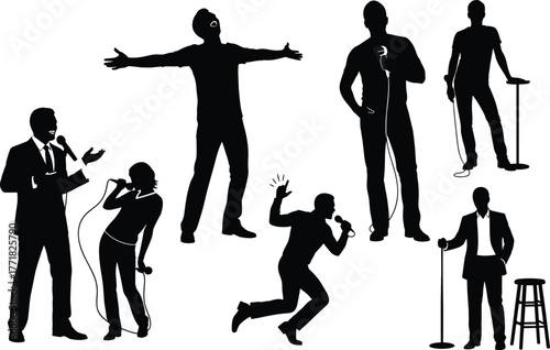 Microphone performer silhouette, expressive stage pose, public speaking art, black illustration, live entertainment, comedy, music, gesture, emotion, spotlight