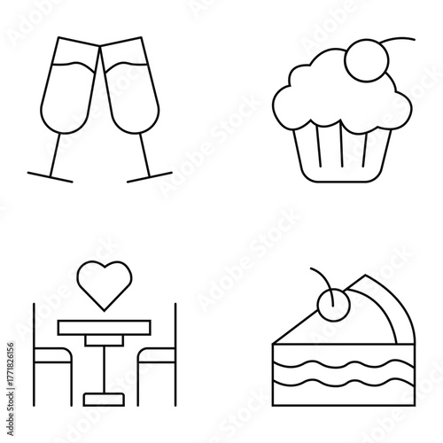 Driks, glasses, toast, celebration, party, cupcake, cake, dessert icons