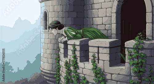 A regal woman in a green gown leans over a castle balcony, gazing out at the misty landscape below, embodying a sense of longing or observation