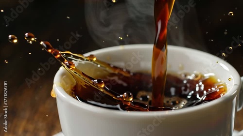 Pouring Hot Coffee Into a Cup With Steam Rising on a Wooden Table