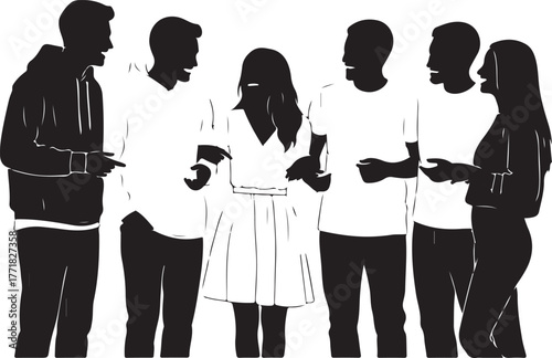 A vector silhouette illustration depicting a diverse group of six young friends or students. Men and women are standing together, laughing and communicating in a happy social gathering