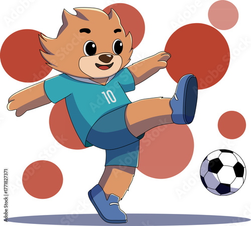 Cute Soccer Mascot Kicking Ball In A Playful Studio Scene, Cheerful cartoon mascot kicks a soccer ball with energetic motion in a bright, friendly scene. Ideal for sports, youth and playful brand