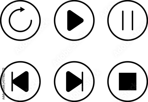 Set of six circular media player control icons