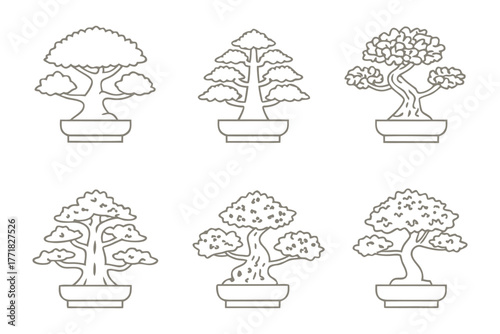Zen Garden Collection: Featuring diverse bonsai trees, showcasing their unique shapes and intricate details in a serene and minimalist illustration.