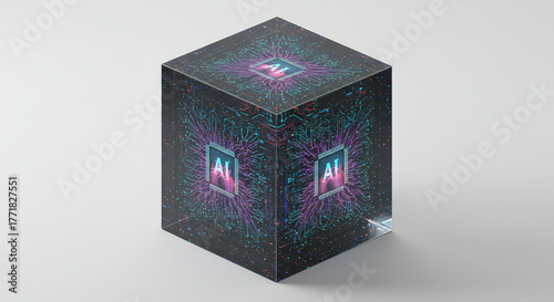 Abstract digital ai cube with circuit board pattern and ai logo against white