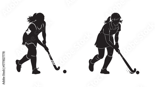 Dynamic female hockey player in action with stick and puck vector illustration. Hockey player silhouette vector illustration
