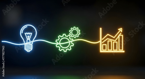 Neon Glow: Idea to Growth - Lightbulb, Gears, and Upward Trend Graph
