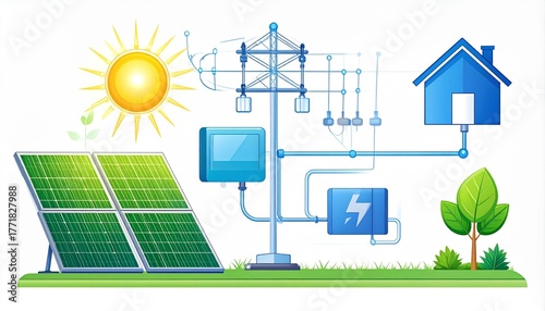 Solar Energy System Diagram: Renewable Power for Home, Clean Energy Concept.
