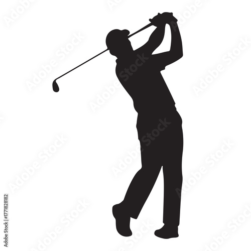 Dynamic golf player in action mid-swing. vector silhouettes of golf player