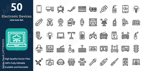 Electronic Devices icon set in Outline style. Minimilist and trendy Icon set. Containing Icons,Smartphone,Computer,Television,Microphone,Piano,and so on.