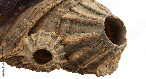 Close up of weathered turtle shell with barnacles on transparent background