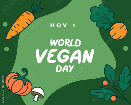 World Vegan Day Celebration on November 1st with Fresh Vegetables and Green Background cartoon