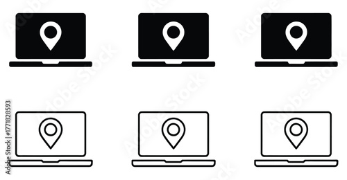 Laptop with location pin icons set – silhouette and outline variations symbolizing geolocation, remote access, navigation, and digital tracking 