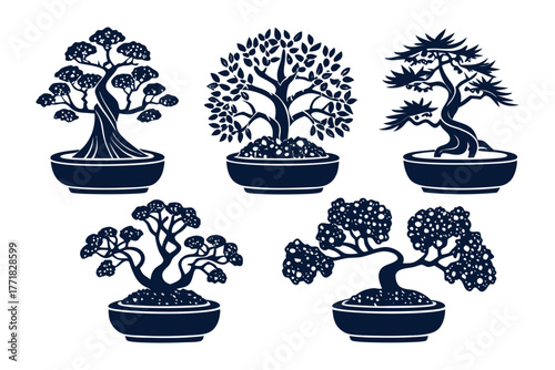 Bonsai Trees Illustration: A serene illustration showcasing meticulously crafted bonsai trees, each a miniature masterpiece of nature, embodying tranquility and the art of cultivation.