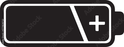 Black and white icon of a battery with a plus sign on a white background power energy