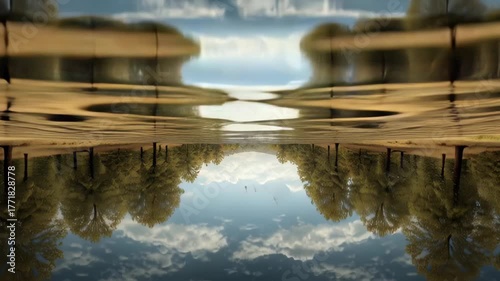 Serene forest lake reflecting trees and clouds under a blue sky