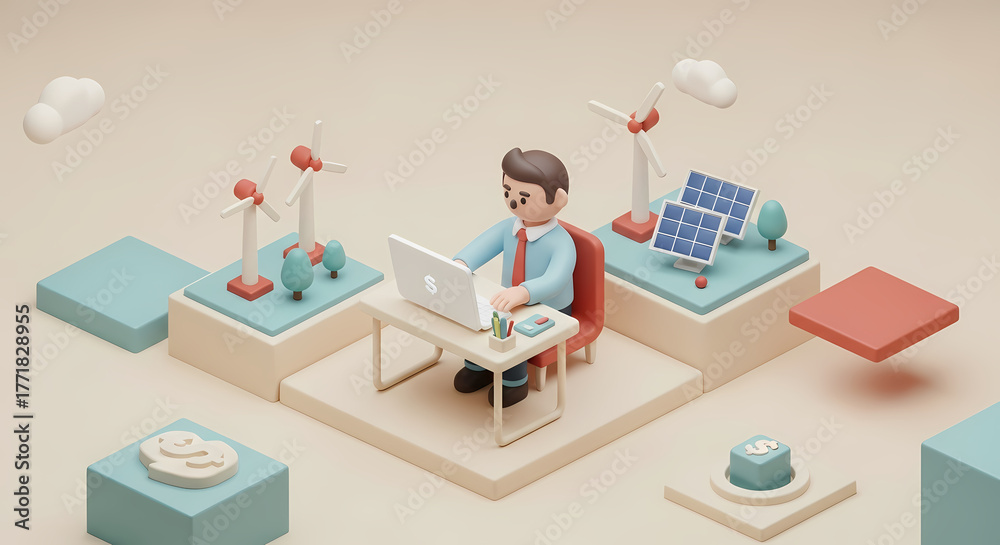 Naklejka premium Dynamic businessman strategizing renewable energy investments and business growth from a modern office, featuring wind turbines and solar panels for a sustainable future.