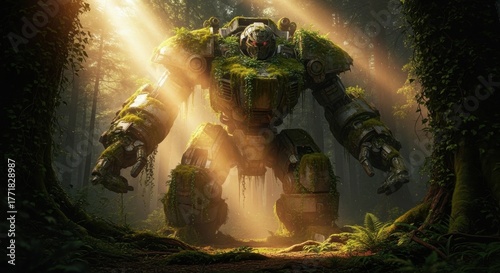Majestic giant forest guardian bathed in ethereal sunlight amidst ancient woodland