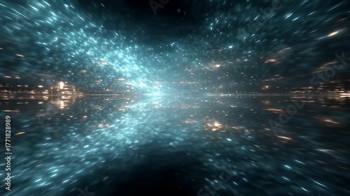 Abstract glowing blue and gold particles in motion, symmetrical reflection