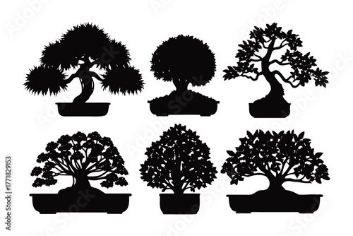 Bonsai Silhouette Collection: A striking set of bonsai trees showcased in elegant black silhouette, the image exudes serenity and the art of cultivation.