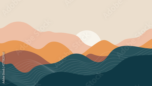Abstract Minimal Landscape Background Vector with Orange Mountains and Blue Waves Horizon Flat Illustration