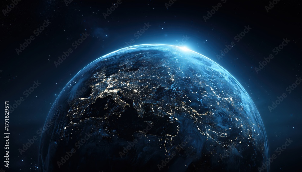 Obraz premium Breathtaking Blue Planet Earth Illuminated By Night Cities In Europe, Africa, And East Amongst Starry Cosmos. Stunning Nighttime Scene