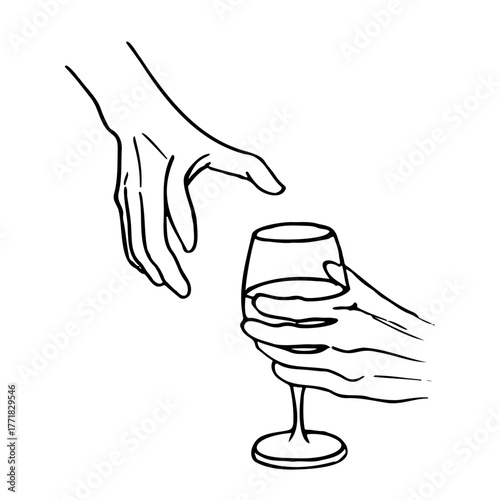 Sketch of a human hand reaching down toward a glass held out by another person - hand drawn doodle in a realistic style