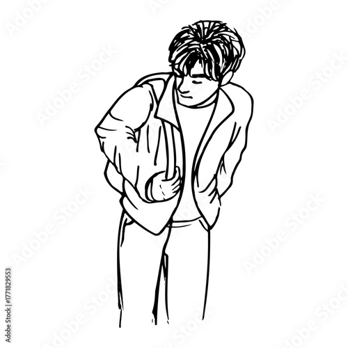 Drawing of a man with a backpack and a jacket looking away, top view - hand-drawn line art doodle