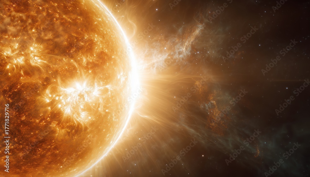 Fototapeta premium Intense Sun Releases Plasma And Flares In Space, Creating Solar Flare Plaza And Magnetic Storms In The Universe.