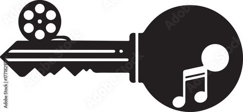 Black Silhouette Key with Film Reel and Musical Note Symbols movie cinema