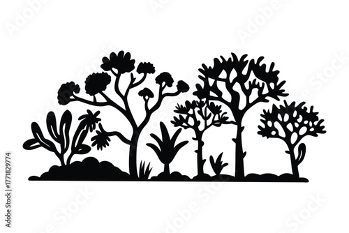 Silhouette of Flourishing Trees: An illustrative depiction showcasing the diverse silhouettes of flourishing trees, creating a harmonious and aesthetically pleasing composition in this natural scene.